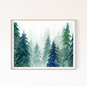 Forest Printable Wall Art, Watercolor Evergreen Trees Painting, Nordic Forest Instant Download Digital Print image 1