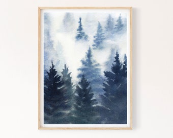 冬の森の印刷可能な壁アート、水彩画の針葉樹の絵画、北欧の森の即時ダウンロードデジタルプリント