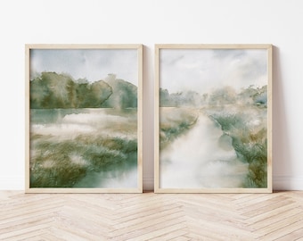 Muted Green Watercolor Landscape Wall Art Print Set of 2, Soft Country Scenery Printable Paintings, Gallery Living Room Neutral Wall Decor