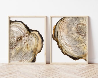 Tree Ring Printable Wall Art Set of 2, Tree Stump Instant Digital Print Download, Wood Slice Prints, Nature Theme Modern Farmhouse Art