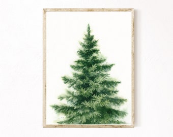 Christmas Tree Printable Wall Art, Evergreen Conifer Tree Watercolor Painting, Fir Tree Minimalist Nature Digital Print Download