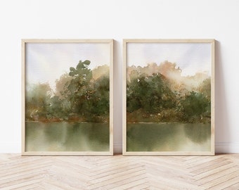 Muted Greens Country Landscape Wall Art Print Set of 2, Abstract Nature Scenery 2 Piece DIY Printable Art, Watercolor Farmhouse Wall Art