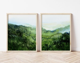 Green Hills Printable 2 Piece Wall Art, Vibrant Watercolor Mountains Landscape Painting, Abstract Nature Instant Digital Download
