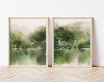 Sage Green Abstract Nature Printable Wall Art Prints, Watercolor Landscape Scenery 2 Piece Set, Farmhouse Living Room, Bedroom Wall Decor