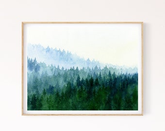 Forest Printable Wall Art, Watercolor Evergreen Trees Painting, Nordic Forest Instant Download Digital Print, Printable Mountain Wall Art