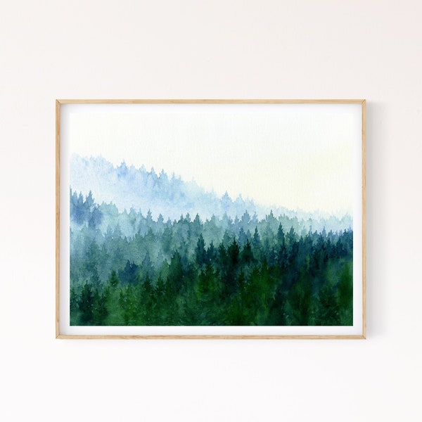 Forest Printable Wall Art, Watercolor Evergreen Trees Painting, Nordic Forest Instant Download Digital Print, Printable Mountain Wall Art