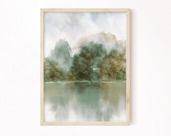 Muted Green Watercolor Landscape Wall Art Print, Soft Country Scenery Printable Paintings, Farmhouse Living Room Neutral Wall Decor