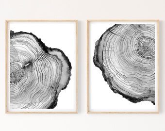Baum Ring druckbare Wand Kunst 2er Set, Baumstumpf sofortiger Digitaldruck Download, schwarz und weiß Holzscheibe Drucke, moderne Bauernhaus Kunst