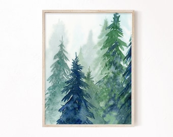 Arte de pared imprimible de bosque, pintura de coníferas de acuarela, descarga digital instantánea de árboles de hoja perenne nórdicos, arte de pared de bosque verde