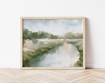 Neutral Green Horizontal Landscape Wall Art, Muted Shades Country Scenery Printable Painting, Soft Watercolor Farmhouse Wall Decor
