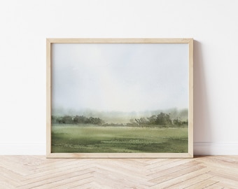 Horizontal Country Landscape Wall Art, Muted Green Fields Scenery Printable Painting, Watercolor Farmhouse Living Room, Bedroom Wall Decor