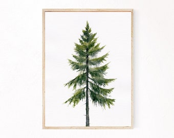 Evergreen Tree Printable Wall Art, Pine Tree Watercolor Painting, Farmhouse Art, Watercolour Trees Digital Print Download