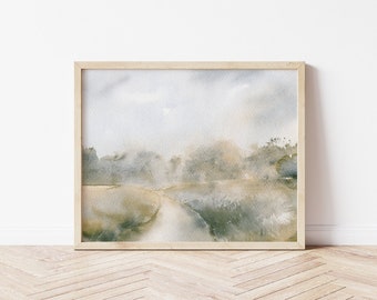 Muted Shades Horizontal Landscape Wall Art, Neutral Country Scenery Printable Painting, Soft Watercolor Farmhouse Wall Decor