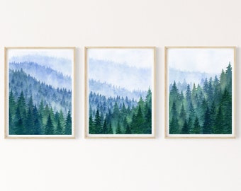穏やかな森の壁アート 3 点セット、森の水彩画プリント、自然テーマの寝室の壁装飾、松林の山のプリントセット
