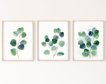 Silber Dollar Eukalyptus druckbare Wand Kunst 3er Set, lebendige Salbei grüne Blätter digitaler Download Druck, botanische Grün Aquarell Kunst