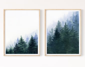 穏やかな森の印刷可能な壁アート 2 枚セット、水彩の常緑樹の絵画、霧の森のインスタント デジタル プリント、北欧の森のアート プリント