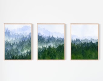 森の印刷可能な壁アート 3 点セット、水彩の常緑樹の絵画、北欧の森の即時ダウンロード デジタル プリント
