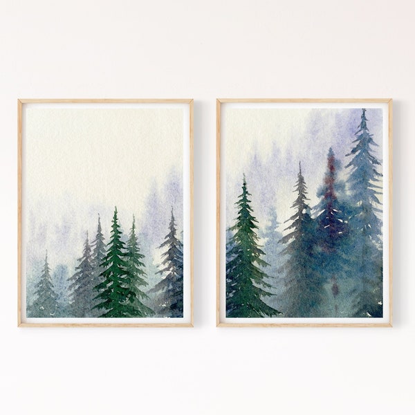 Wald druckbare Wand Kunst 2er Set, Aquarell immergrüne Bäume Malerei, nordischer Wald Sofort Download Digitaldruck