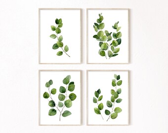 Eucalyptus Gallery Wall Printable Art Set of 4, Green Leaves Instant Digital Download Prints, Modern Botanical Watercolor Paintings