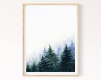 Bos afdrukbare Wall Art, aquarel groenblijvende bomen schilderij, Nordic Forest Instant Download digitale print, minimalistische natuur kunst aan de muur