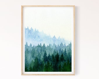 森の印刷可能な壁アート、水彩画の常緑樹の絵画、北欧の森の即時ダウンロードデジタルプリント、山の壁アートセット
