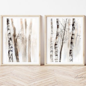 Birch Watercolour Set of 2 Prints, Aspen Tree Watercolor Painting, Silver Birch Trees Digital Print Download, Nature Printable Wall Art