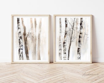 Birch Watercolour Set of 2 Prints, Aspen Tree Watercolor Painting, Silver Birch Trees Digital Print Download, Nature Printable Wall Art