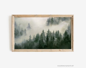 Samsung Frame TV Wall Art 16x9, Fall Winter Foggy Forest Landscape, Misty Evergreen Forest Mountains, Calming Watercolor Art Digital File
