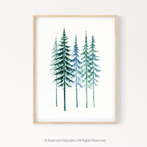 Evergreen Trees Printable Wall Art Pine Trees Watercolor Etsy