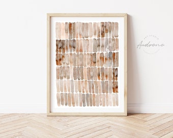 May include: Abstract watercolor painting in a wooden frame. The painting features a grid of brown and beige rectangles.