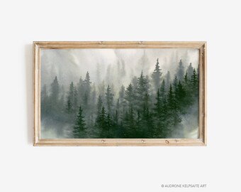 Samsung Frame TV Wall Art 16x9, Fall Winter Foggy Forest Landscape, Misty Evergreen Forest Mountains, Calming Watercolor Art Digital File