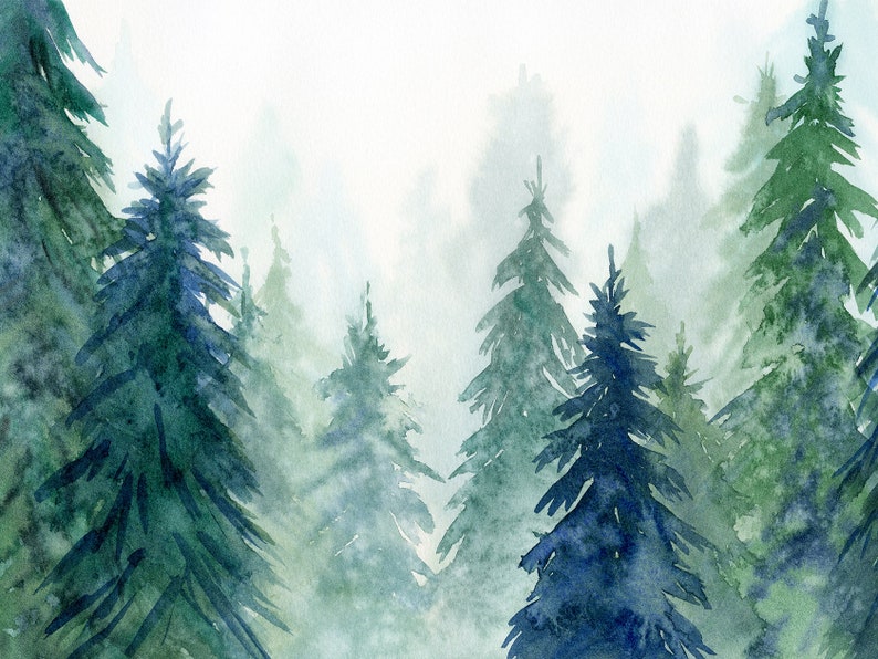 Forest Printable Wall Art, Watercolor Evergreen Trees Painting, Nordic Forest Instant Download Digital Print image 4