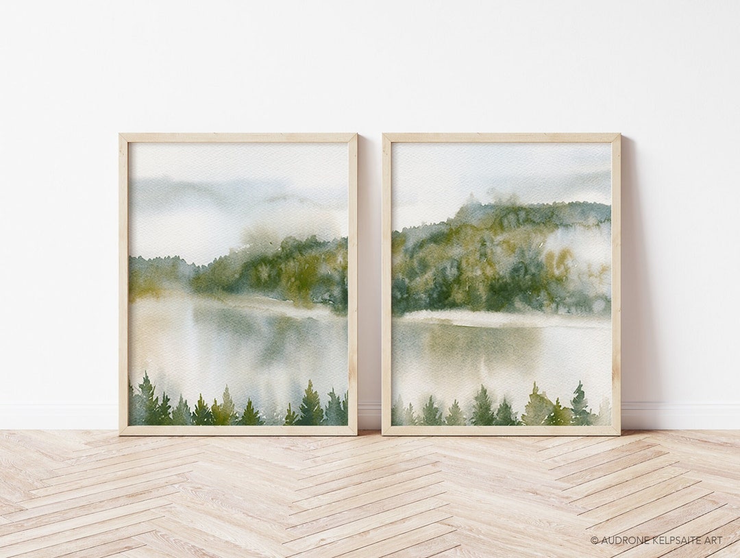 Watercolor Misty Forest Wall Art Print Set of 2, Pine Forest Lake ...