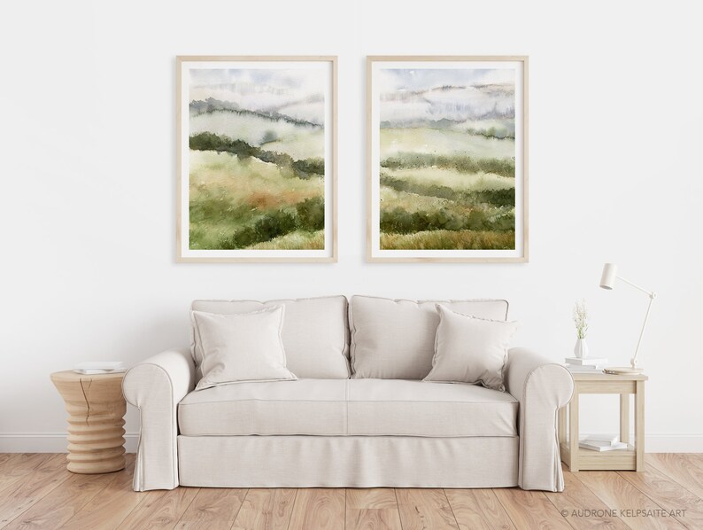Fields Abstract Landscape Painting, Muted Green Nature 2 Piece Watercolor DIY Printable Wall Art, Country Hills Neutral Landscape Print image 5