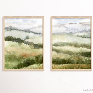 Fields Abstract Landscape Painting, Muted Green Nature 2 Piece Watercolor DIY Printable Wall Art, Country Hills Neutral Landscape Print image 6