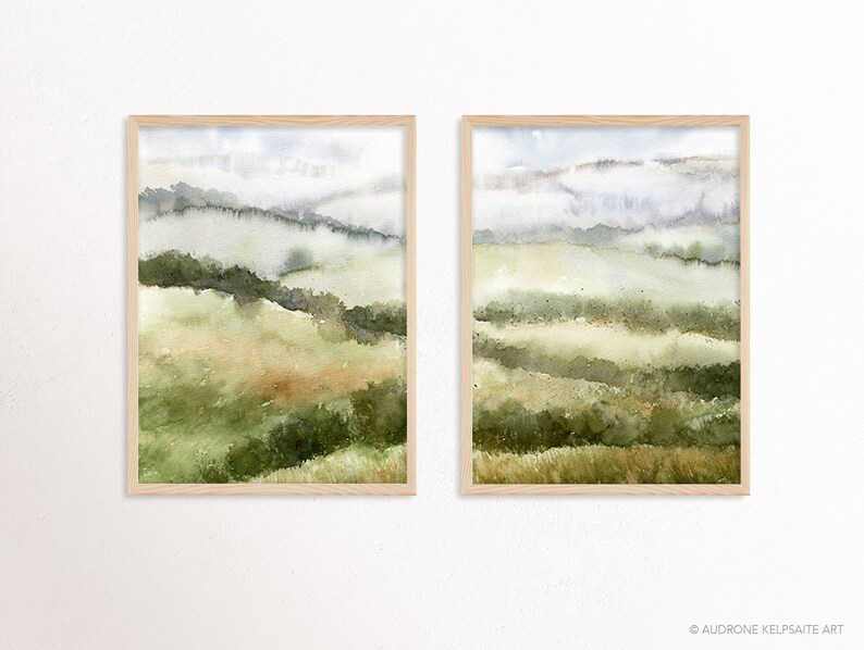 Fields Abstract Landscape Painting, Muted Green Nature 2 Piece Watercolor DIY Printable Wall Art, Country Hills Neutral Landscape Print image 6