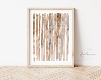 May include: Abstract watercolor painting with vertical brown and beige stripes on a white background. The painting is framed in a light wood frame.