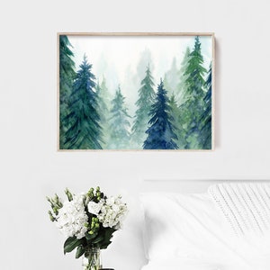 Forest Printable Wall Art, Watercolor Evergreen Trees Painting, Nordic Forest Instant Download Digital Print image 3