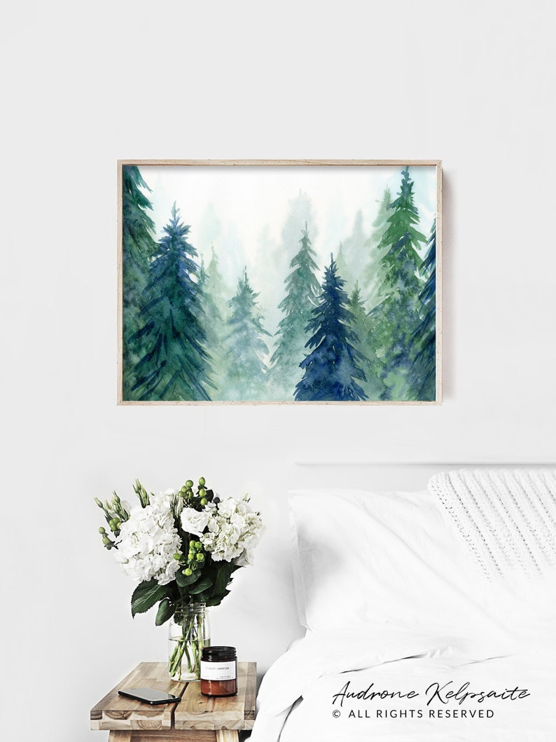 Forest Printable Wall Art, Watercolor Evergreen Trees Painting, Nordic Forest Instant Download Digital Print image 3