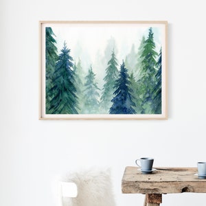 Forest Printable Wall Art, Watercolor Evergreen Trees Painting, Nordic Forest Instant Download Digital Print image 2