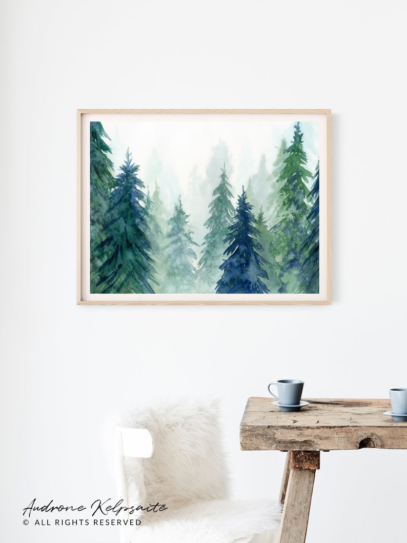 Forest Printable Wall Art, Watercolor Evergreen Trees Painting, Nordic Forest Instant Download Digital Print image 2