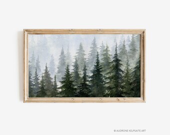 Samsung Frame TV Wall Art 16x9, Fall Winter Foggy Forest Landscape, Evergreen Spruce Trees Painting, Calming Watercolor Art Digital File