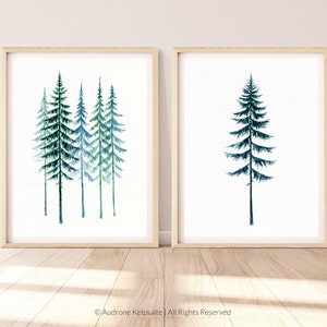 Evergreen Trees Printable Wall Art Set of 2, Pine Trees Watercolor ...