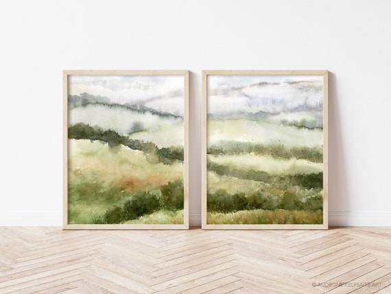 Fields Abstract Landscape Painting, Muted Green Nature 2 Piece Watercolor DIY Printable Wall Art, Country Hills Neutral Landscape Print