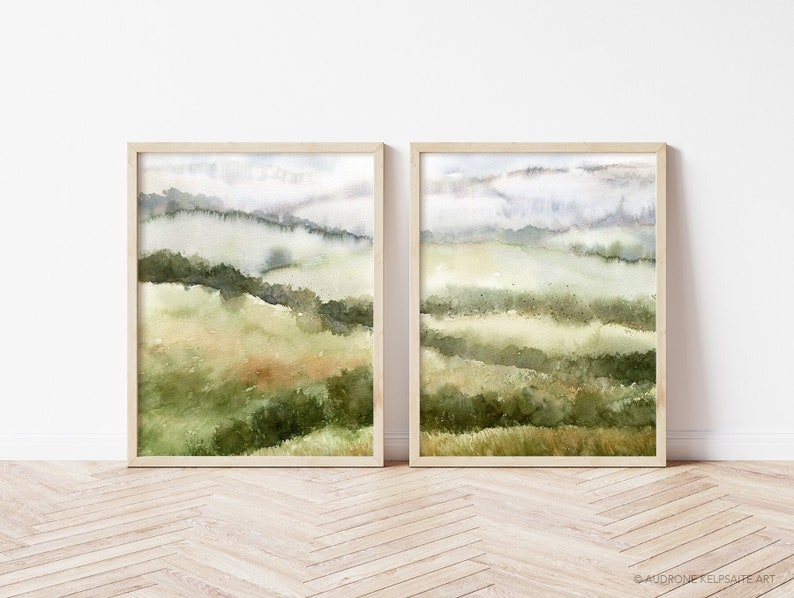 Fields Abstract Landscape Painting, Muted Green Nature 2 Piece Watercolor DIY Printable Wall Art, Country Hills Neutral Landscape Print image 1