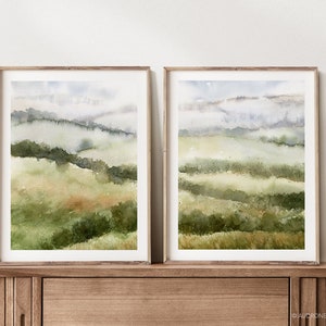 Fields Abstract Landscape Painting, Muted Green Nature 2 Piece Watercolor DIY Printable Wall Art, Country Hills Neutral Landscape Print image 2