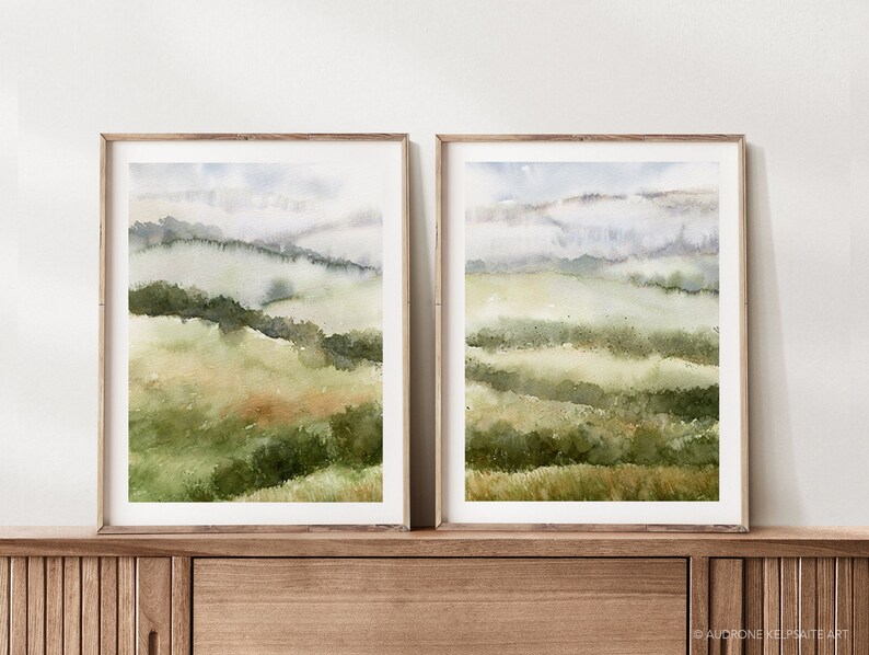Fields Abstract Landscape Painting, Muted Green Nature 2 Piece Watercolor DIY Printable Wall Art, Country Hills Neutral Landscape Print image 2