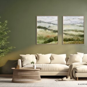 Fields Abstract Landscape Painting, Muted Green Nature 2 Piece Watercolor DIY Printable Wall Art, Country Hills Neutral Landscape Print image 3