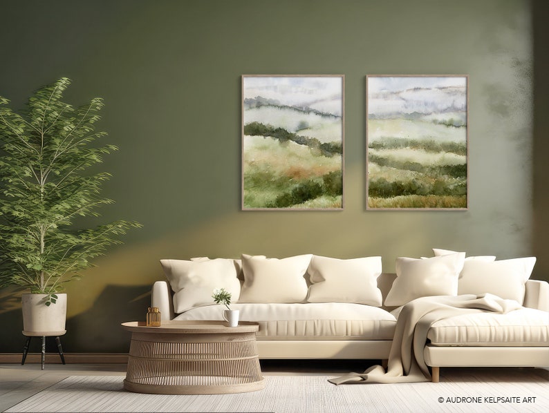 Fields Abstract Landscape Painting, Muted Green Nature 2 Piece Watercolor DIY Printable Wall Art, Country Hills Neutral Landscape Print image 3