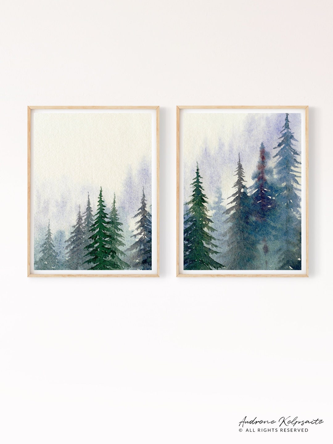 Forest Printable Wall Art Set of 2, Watercolor Evergreen Trees Painting ...